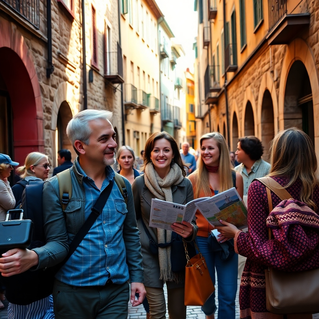 Create a photorealistic image of a friendly tour guide leading a small group of tourists through the streets of Girona's old town. The guide should be knowledgeable and engaging, pointing out historical landmarks and sharing interesting stories. The lighting should be warm and inviting, creating a welcoming atmosphere. The color palette should be vibrant, with rich reds, yellows, and blues. The camera angle should be a medium shot, capturing the interaction between the guide and the tourists. Texture details should be highly realistic, showing the aged stone buildings and the cobblestone streets. The environment should be lively and bustling, with people going about their daily lives. Relevant props include a map and a historical artifact. Style reference: Travel photography with a touch of documentary style. Technical specs: 4K resolution, high quality, natural lighting.