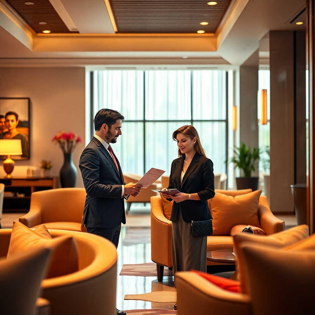 Create a photorealistic image of a concierge assisting a guest with their reservations and transfers. The scene should be set in a luxurious hotel lobby, with elegant furniture and a welcoming atmosphere. The lighting should be warm and inviting, creating a sense of hospitality. The color palette should be neutral, with pops of color from artwork and flowers. The camera angle should be a medium shot, capturing the interaction between the concierge and the guest. Texture details should be highly realistic, showing the soft fabrics and the polished surfaces. The environment should be peaceful and serene, with a sense of luxury and comfort. Relevant props include a reservation confirmation and a set of keys. Style reference: Hotel photography with a touch of lifestyle design. Technical specs: 4K resolution, high quality, natural lighting.