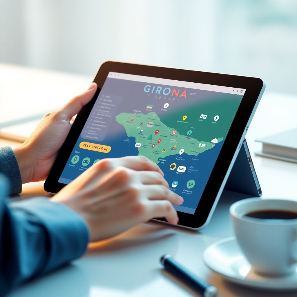 Create a stylized image of a travel itinerary being planned on a digital tablet. The screen should display a map of Girona, along with various icons representing attractions, restaurants, and hotels. The lighting should be soft and diffused, creating a sense of focus and concentration. The color palette should be clean and professional, with blues, greens, and whites. The camera angle should be a close-up shot, capturing the details of the screen. Texture details should be smooth and polished, giving the image a modern and technological look. The environment should be a clean, uncluttered workspace. Relevant props include a pen and a cup of coffee. Style reference: Digital illustration with a touch of infographic design. Technical specs: 4K resolution, high quality, vector graphics.
