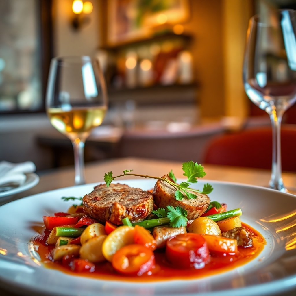 Create a photorealistic image of a beautifully plated Catalan dish in a Girona restaurant. The dish should be visually appealing, with fresh ingredients and vibrant colors. The lighting should be focused and dramatic, highlighting the textures and details of the food. The color palette should be warm and inviting, with rich reds, greens, and yellows. The camera angle should be a close-up shot, capturing the details of the dish. Texture details should be highly realistic, showing the crisp vegetables and the tender meat. The environment should be elegant and sophisticated, with a sense of culinary artistry. Relevant props include a glass of wine and a linen napkin. Style reference: Food photography with a touch of fine art. Technical specs: 4K resolution, high quality, studio lighting.