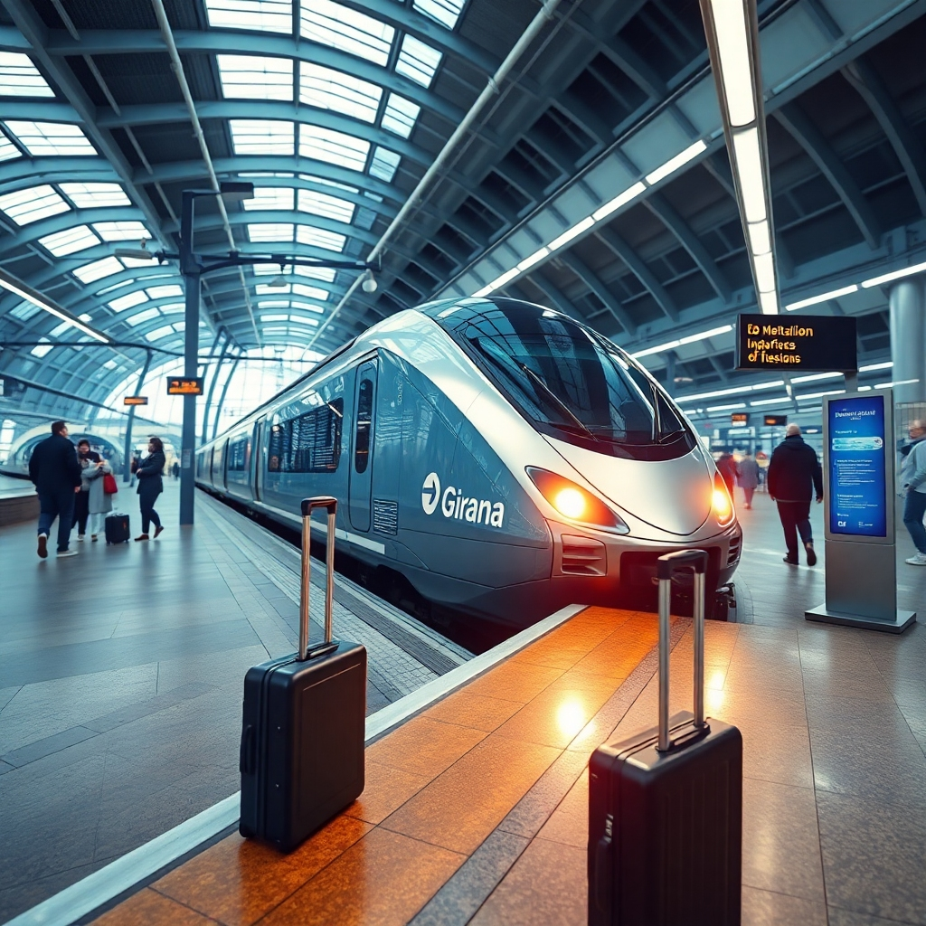 Create a photorealistic image of a high-speed train arriving at the Girona train station. The scene should be modern and efficient, with clean lines and bright lighting. The color palette should be sleek and professional, with silvers, blues, and whites. The camera angle should be a low angle, emphasizing the speed and power of the train. Texture details should be sharp and crisp, showing the polished surfaces and the precise engineering. The environment should be bustling and energetic, with people arriving and departing. Relevant props include a suitcase and a digital information board. Style reference: Transportation photography with a touch of futurism. Technical specs: 4K resolution, high quality, dynamic lighting.