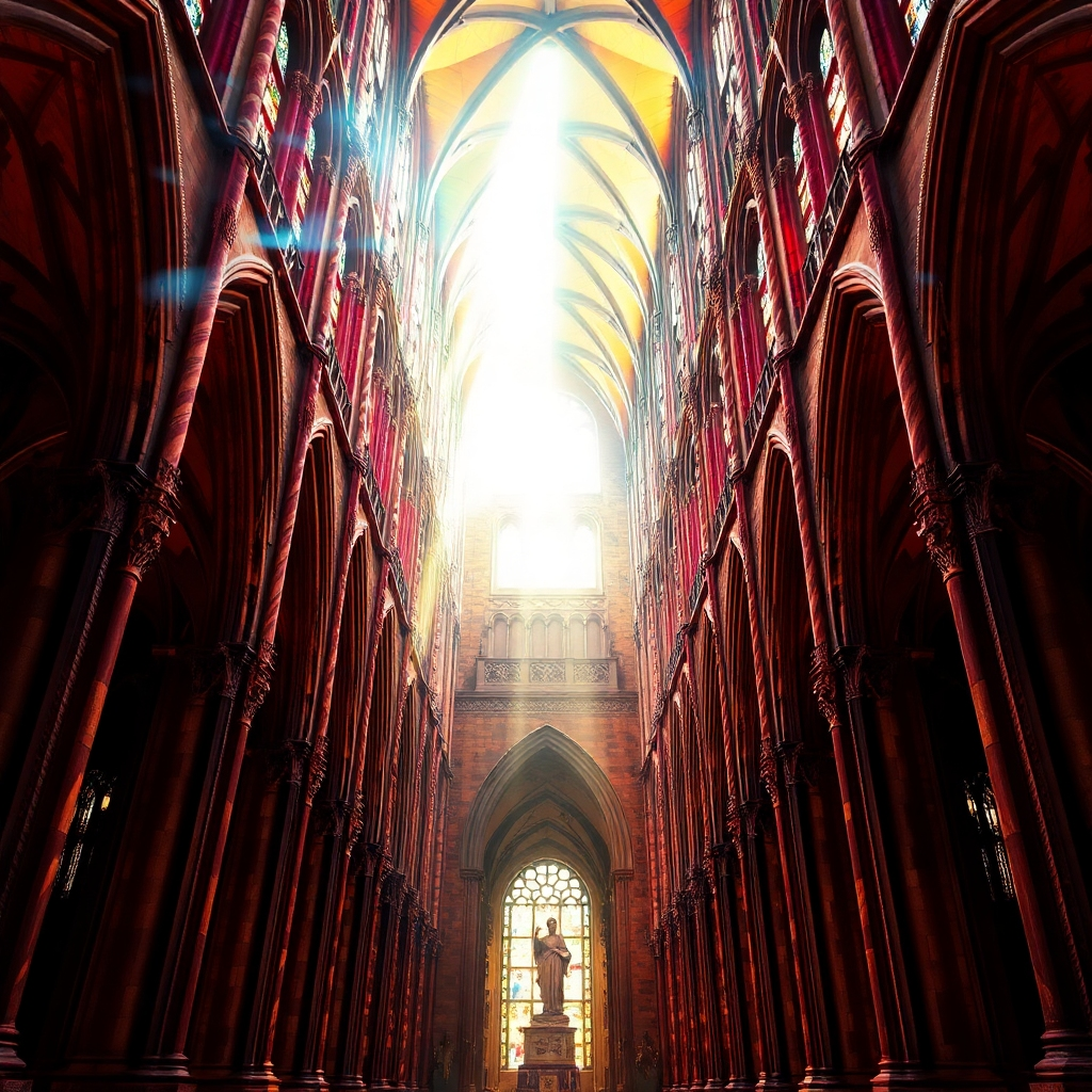 Create a photorealistic image of the Girona Cathedral, focusing on its impressive Gothic nave. The scene should be brightly lit, with sunlight streaming through the stained-glass windows. The color palette should be vibrant, with rich reds, blues, and greens. The camera angle should be a wide shot, capturing the full scale of the nave. Texture details should be highly realistic, showing the intricate carvings and the smooth stone surfaces. The environment should be serene and awe-inspiring, with a sense of reverence and grandeur. Relevant props include a religious statue and a shaft of sunlight. Style reference: Architectural photography with a touch of Renaissance painting. Technical specs: 4K resolution, high quality, dramatic lighting.