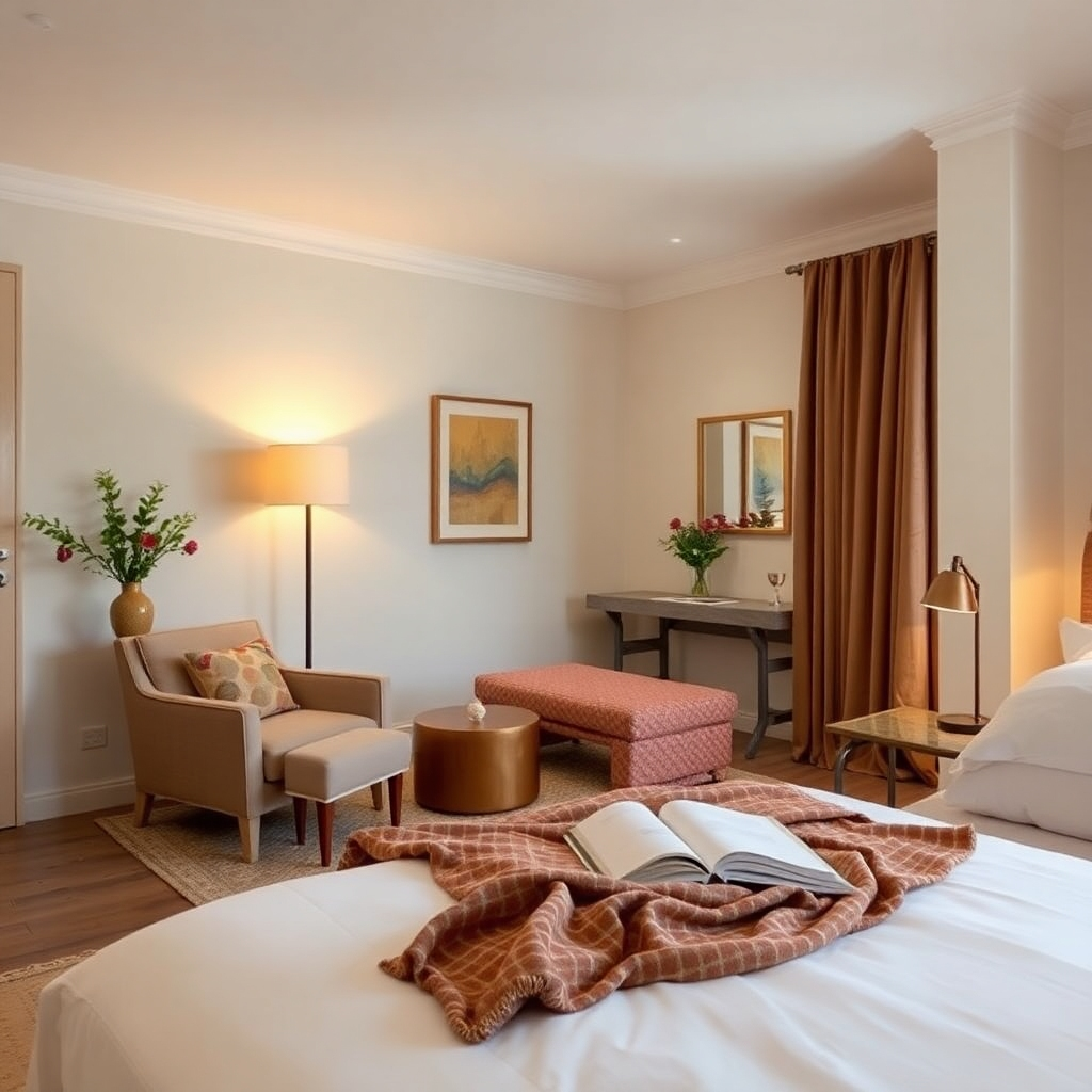 Create a photorealistic image of a charming boutique hotel room in Girona. The room should be stylishly decorated, with comfortable furniture and a warm, inviting atmosphere. The lighting should be soft and diffused, creating a sense of relaxation. The color palette should be neutral, with pops of color from artwork and textiles. The camera angle should be a medium shot, capturing the details of the room. Texture details should be highly realistic, showing the soft fabrics and the smooth surfaces. The environment should be peaceful and serene, with a sense of luxury and comfort. Relevant props include a vase of flowers and a book on a bedside table. Style reference: Interior design photography with a touch of Scandinavian minimalism. Technical specs: 4K resolution, high quality, natural lighting.