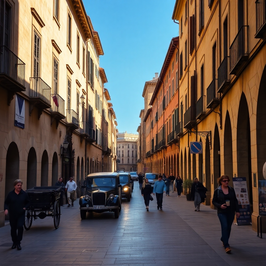 Create a photorealistic image of a narrow, winding street in Girona's Jewish Quarter (El Call Jueu). The scene should be dimly lit, with soft light filtering through the buildings. The color palette should be muted, with earth tones and hints of blue. The camera angle should be a low angle, emphasizing the height of the buildings and the narrowness of the street. Texture details should be highly realistic, showing the aged stone walls and the uneven cobblestone pavement. The environment should be quiet and peaceful, with a sense of history and mystery. Relevant props include a vintage lantern and a Hebrew inscription on a wall. Style reference: Historical photography with a touch of film noir. Technical specs: 4K resolution, high quality, atmospheric lighting.